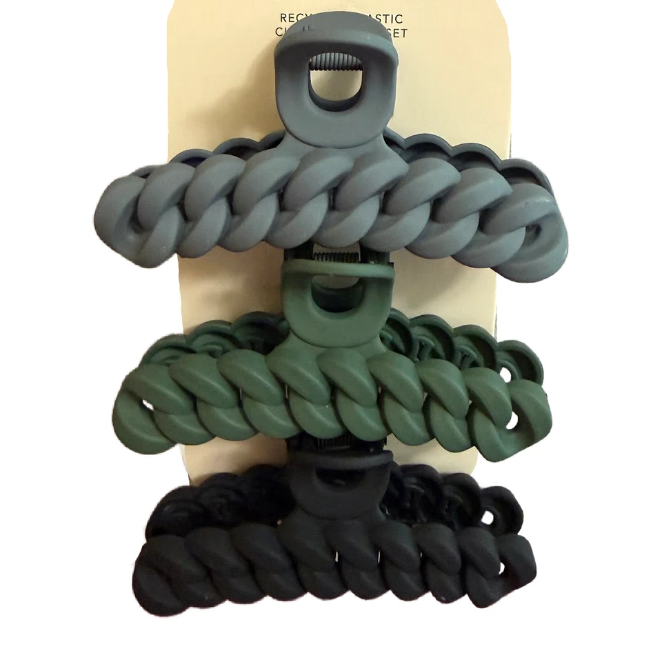 Kitsch Chain Claw Hair Clips 3pc Set Black, Moss Green and Blue New