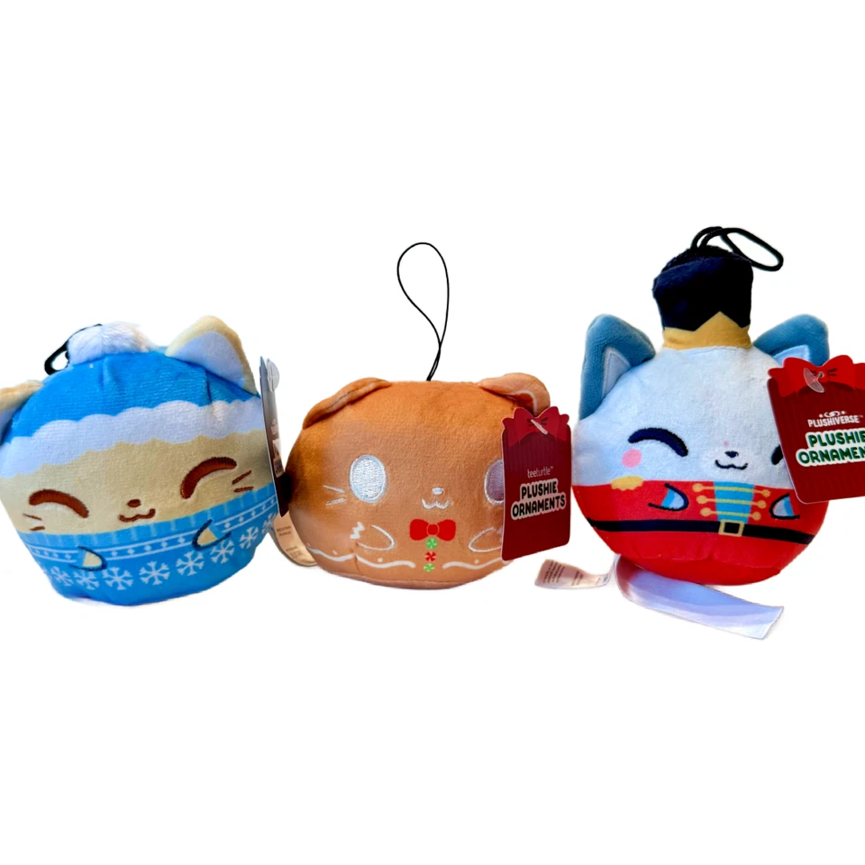 Lot of 3 Holiday Plush Ornaments 3" Kawaii Festive Stuffed Animal Cat/Fox NWT
