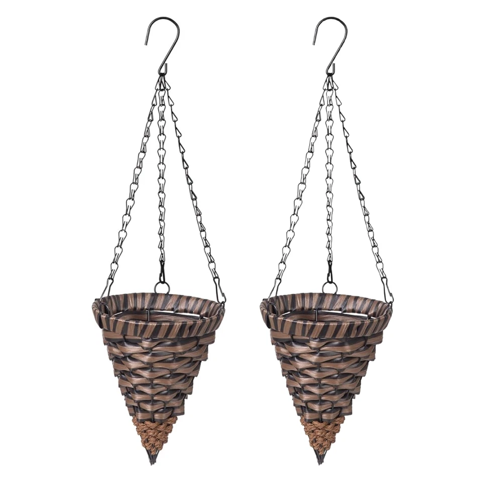 Resin Rattan Set of 2 Cone Hanging Planter Baskets Indoor & Outdoor Crafts NWOT