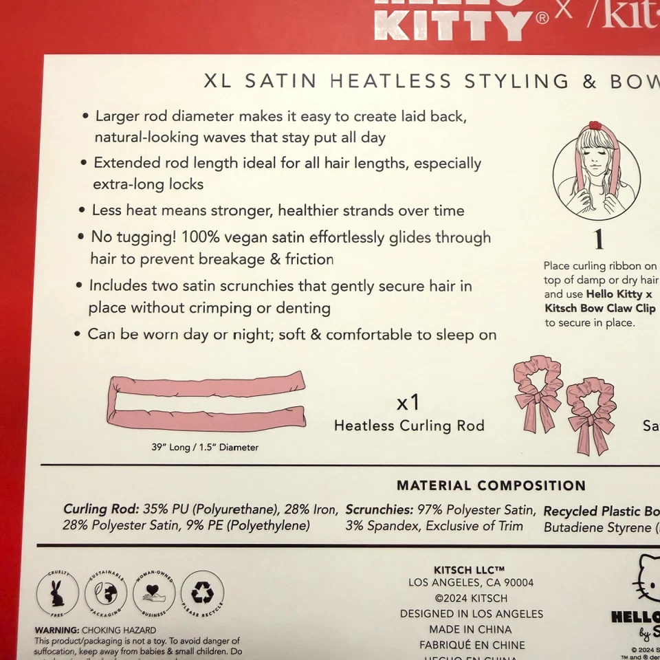 Hello Kitty x Kit•sch XL Satin Heatless Styling & Red Bow Claw Clip 4pc Set NEW