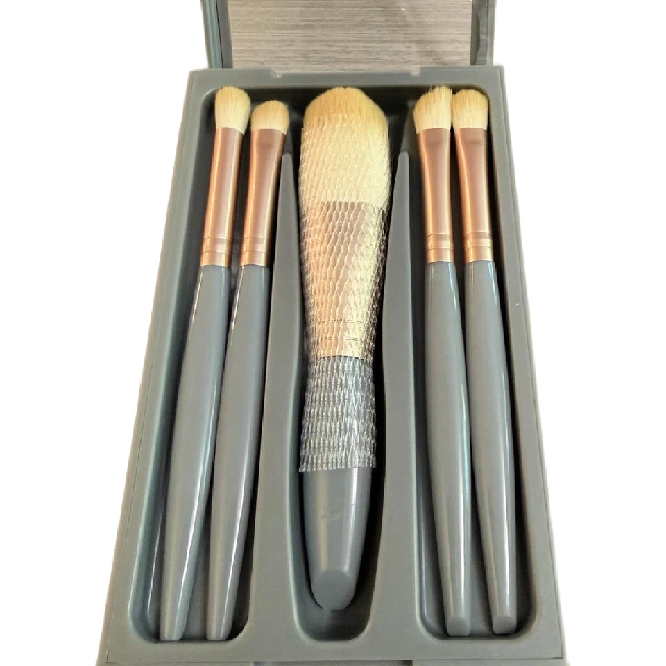 5-Piece Professional Makeup Brush Set with Mirror & Gray Travel Case New