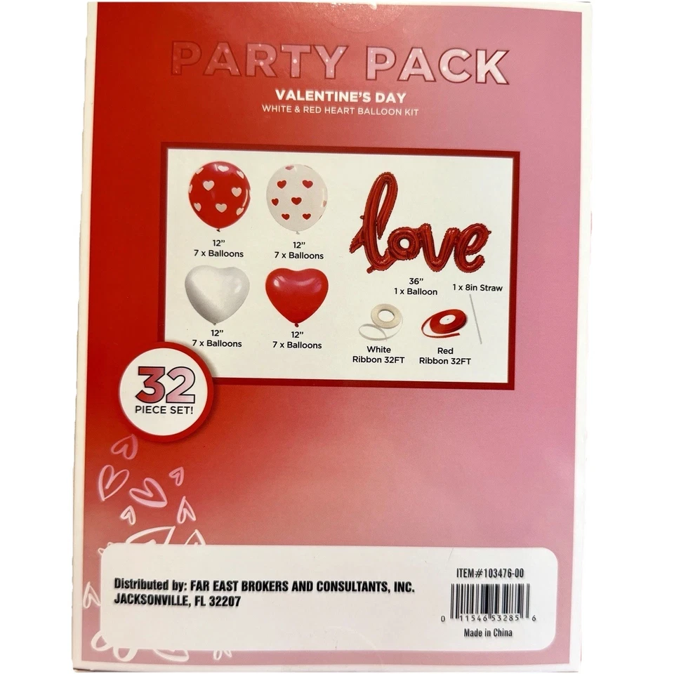 LOVE Party Pack Heart Kit Aluminum, Latex Balloons & Red/White Ribbons New