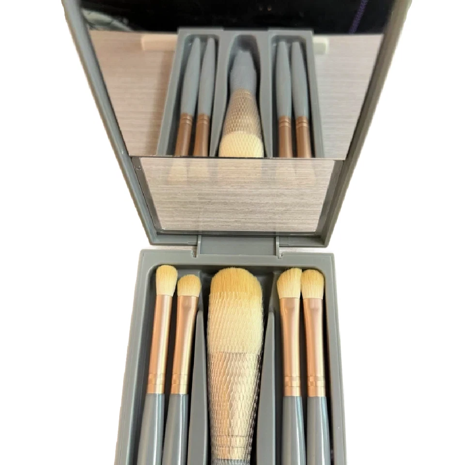5-Piece Professional Makeup Brush Set with Mirror & Gray Travel Case New