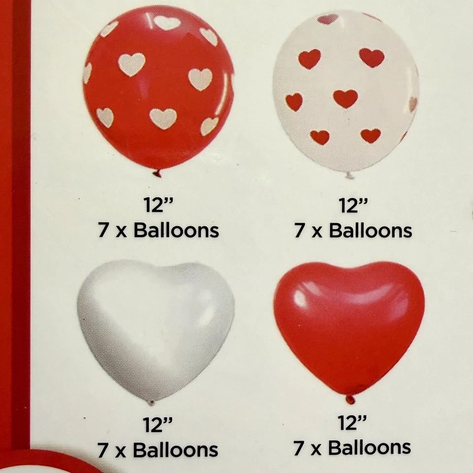 LOVE Party Pack Heart Kit Aluminum, Latex Balloons & Red/White Ribbons New