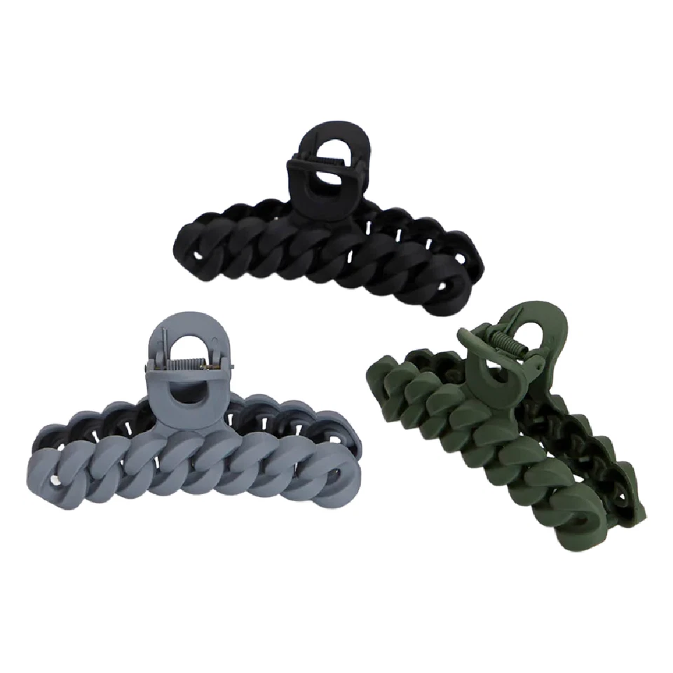 Kitsch Chain Claw Hair Clips 3pc Set Black, Moss Green and Blue New