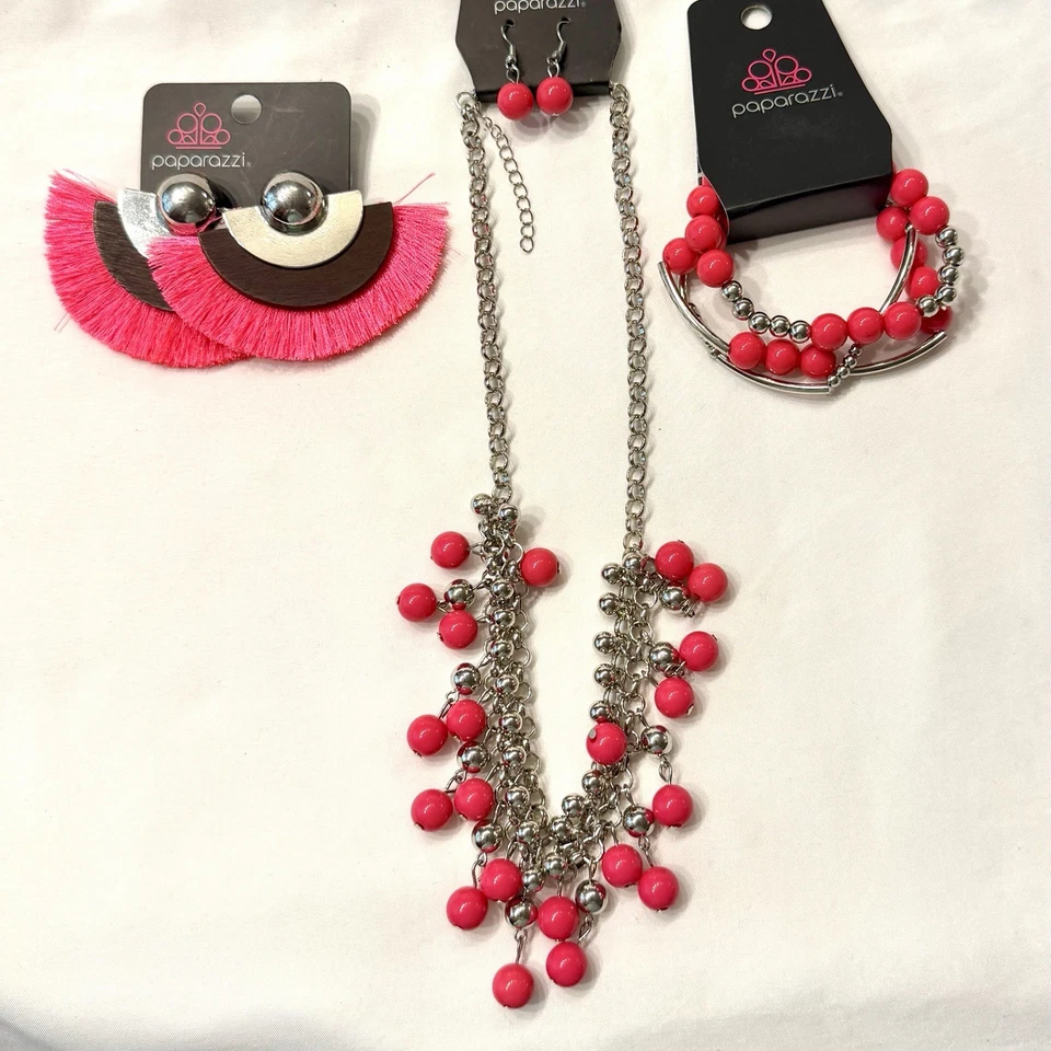 Hot Pink Custom Mixed Jewelry Lot Necklace, Bracelet & 2 Pair of Earrings NEW
