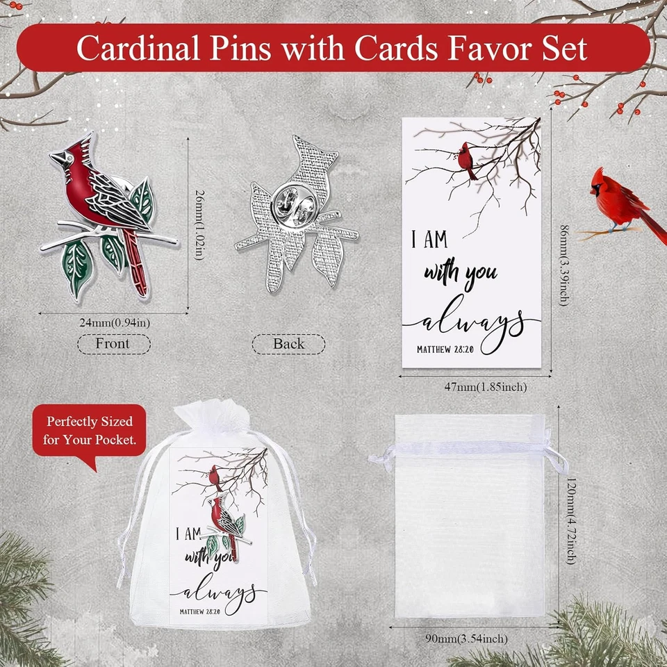 150 Pcs Cardinal Pin Sets Include Bird Brooch, Memorial Cards & Organza Bags NEW