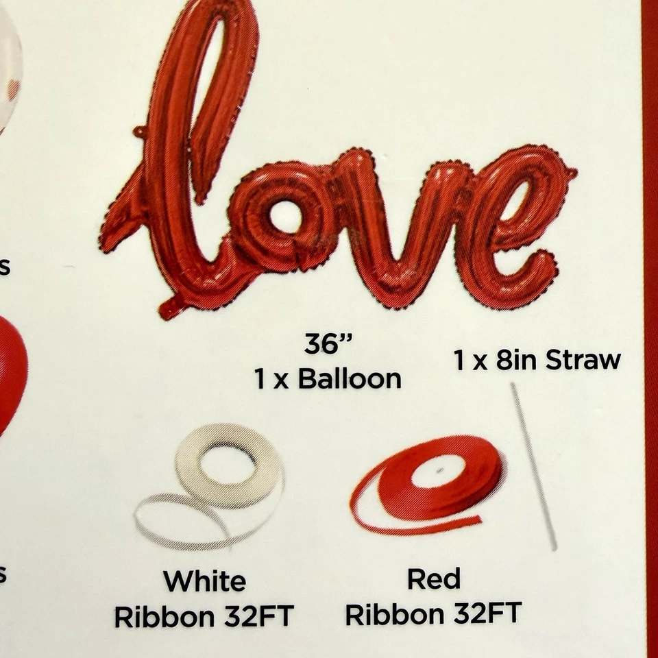 LOVE Party Pack Heart Kit Aluminum, Latex Balloons & Red/White Ribbons New