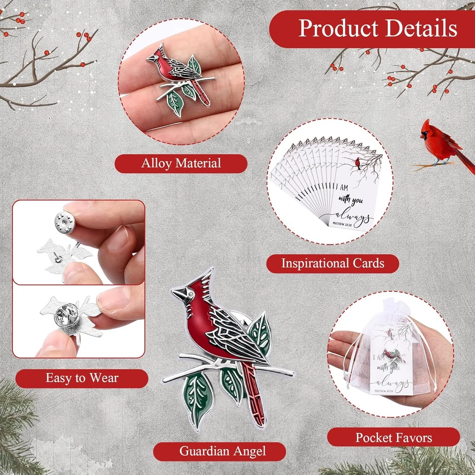 150 Pcs Cardinal Pin Sets Include Bird Brooch, Memorial Cards & Organza Bags NEW