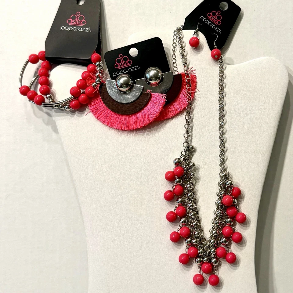Hot Pink Custom Mixed Jewelry Lot Necklace, Bracelet & 2 Pair of Earrings NEW