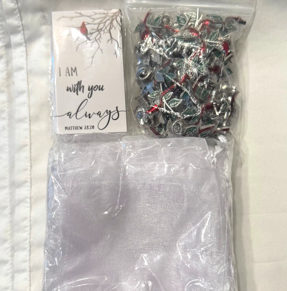 150 Pcs Cardinal Pin Sets Include Bird Brooch, Memorial Cards & Organza Bags NEW