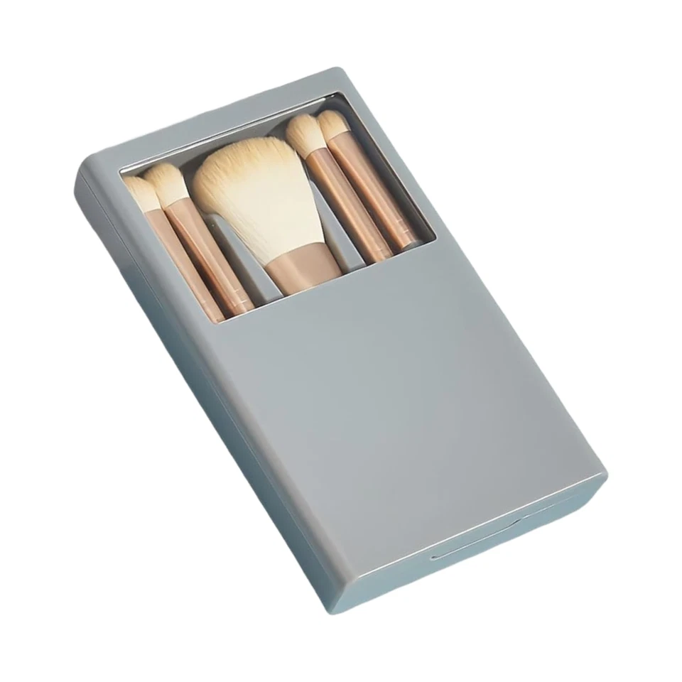 5-Piece Professional Makeup Brush Set with Mirror & Gray Travel Case New