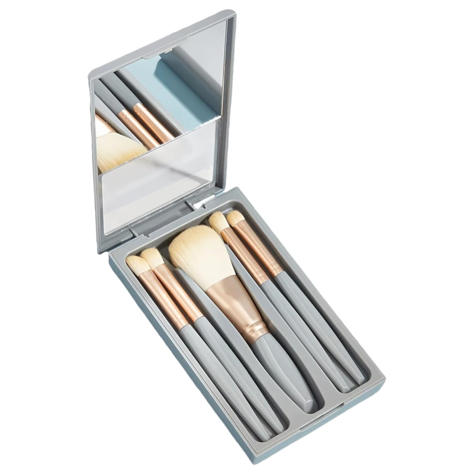 5-Piece Professional Makeup Brush Set with Mirror & Gray Travel Case New