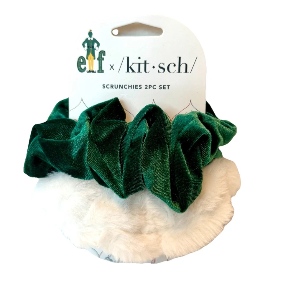 Kit•sch x elf 2pc Hair Scrunchie Set Green Velvet & White Faux Fur NEW