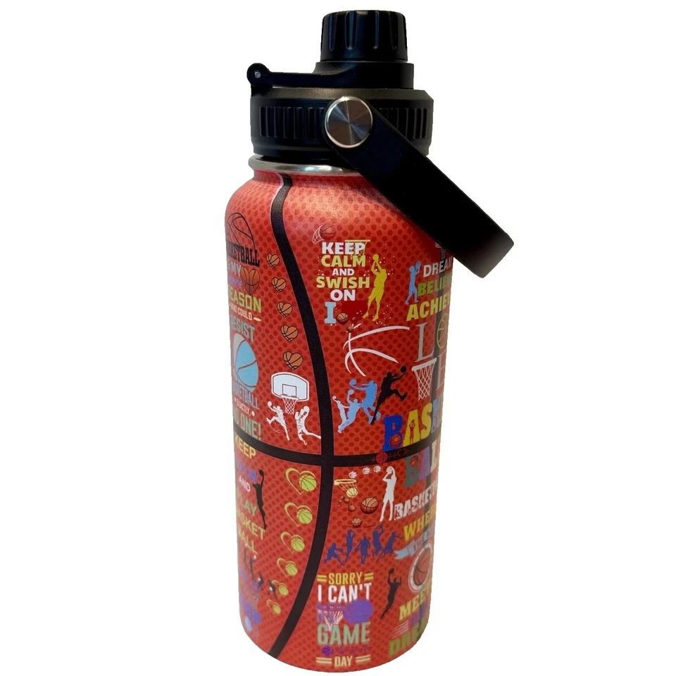 Basketball Sports Water Bottle 32oz, Stainless Steel Insulated Spillproof Lid