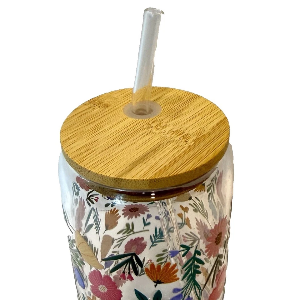 Floral Spring Flower Garden Glass 16 oz Tumber with Bamboo Lid & Matching Straw