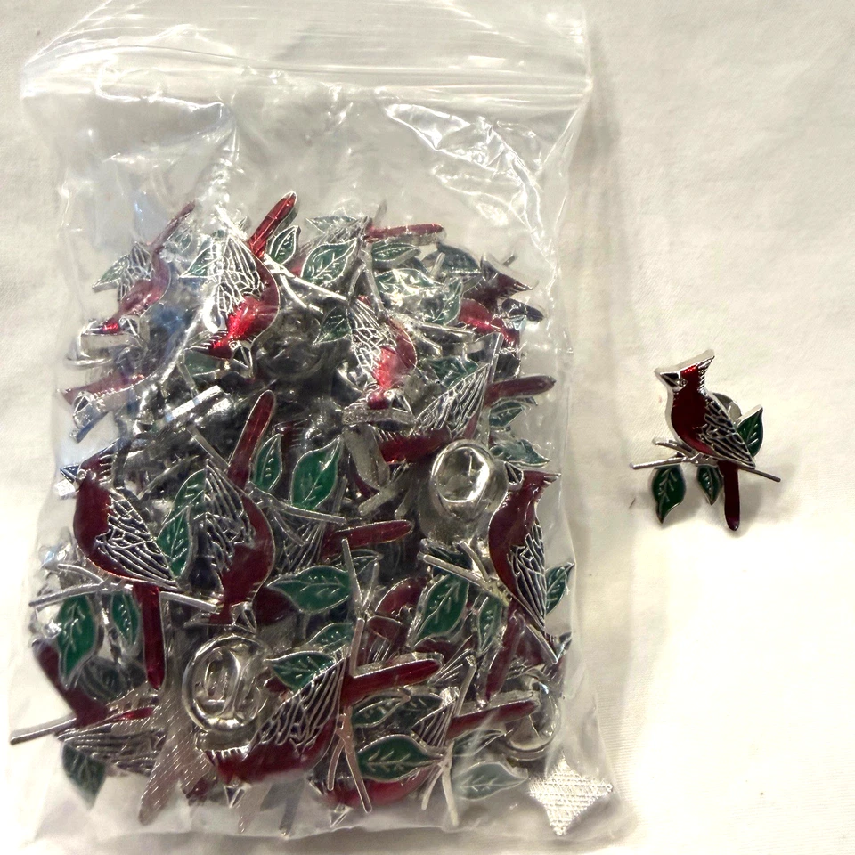 150 Pcs Cardinal Pin Sets Include Bird Brooch, Memorial Cards & Organza Bags NEW