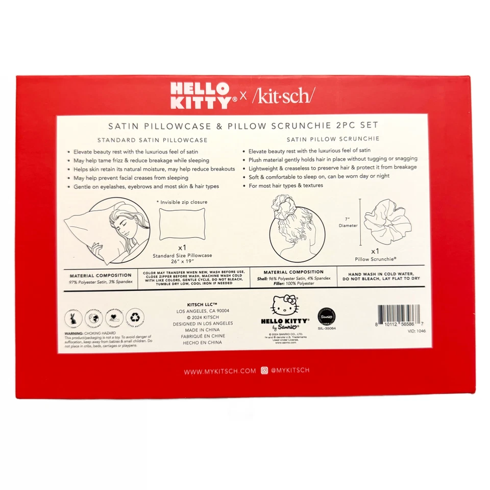 Hello Kitty x Kit•sch Satin Pillowcase & Pillow Scrunchie 2pc Standard/Queen Set