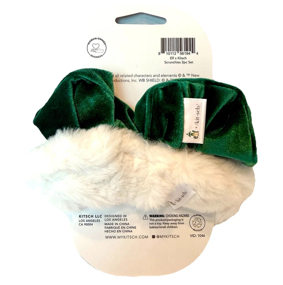 Kit•sch x elf 2pc Hair Scrunchie Set Green Velvet & White Faux Fur NEW