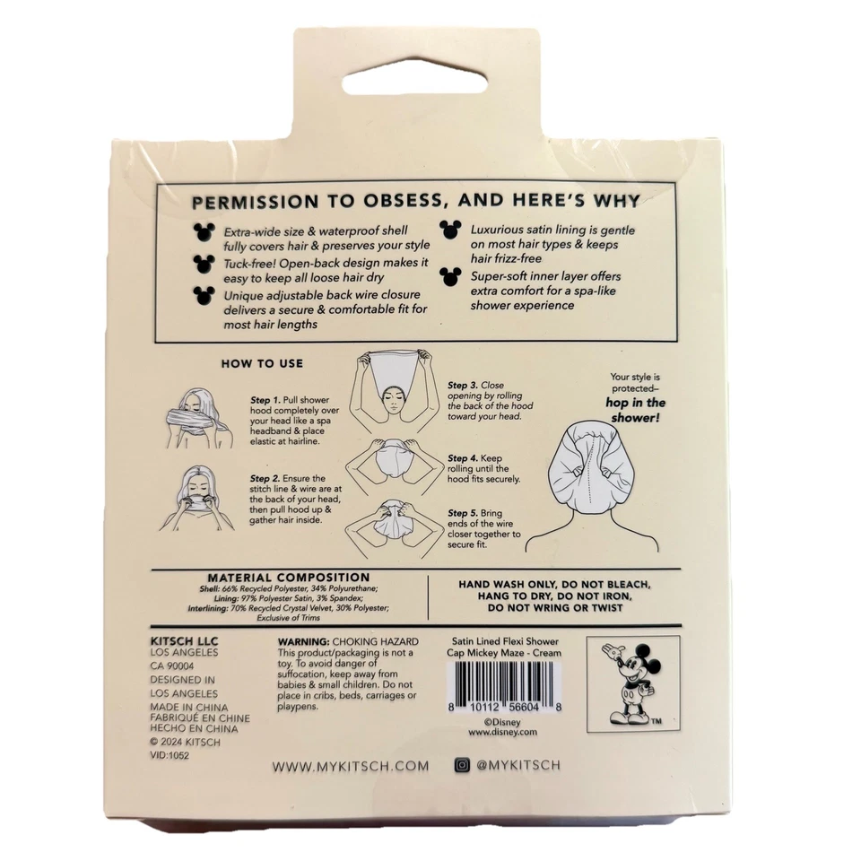 Kit•sch Disney Satin Flexi Luxury Shower Cap Mickey & Minnie Large Reusable New