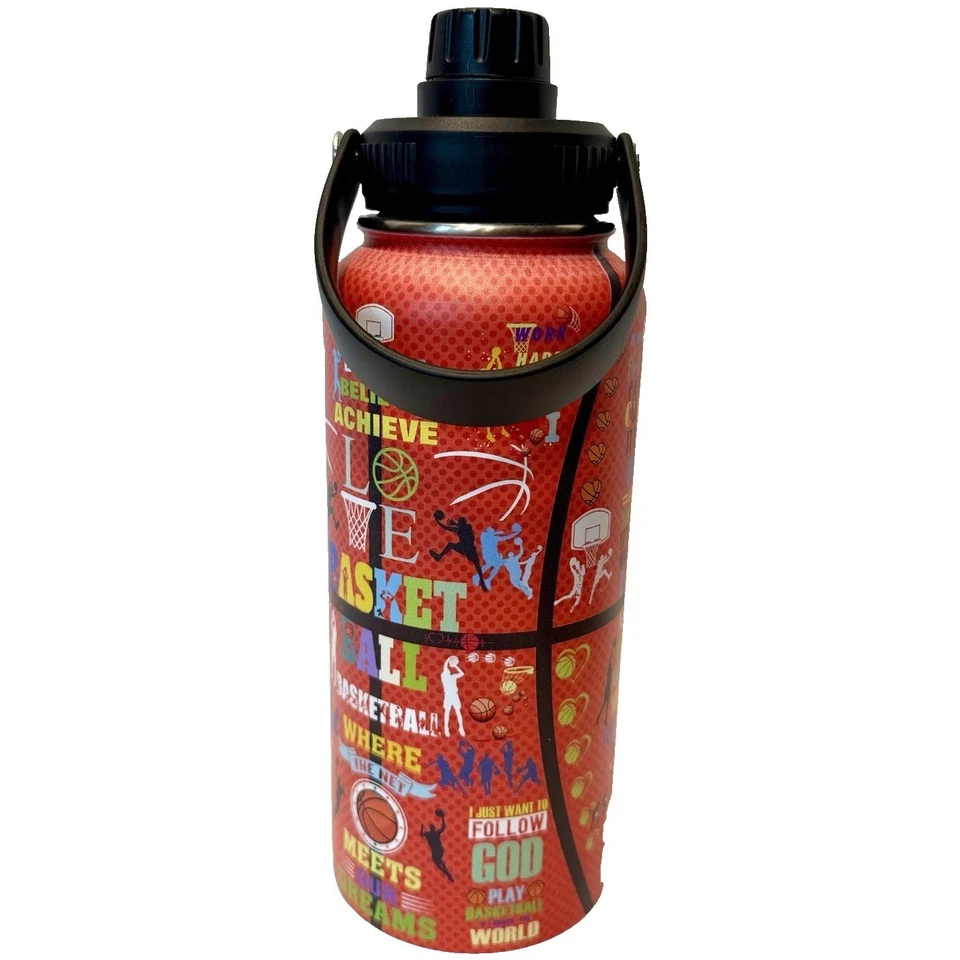 Basketball Sports Water Bottle 32oz, Stainless Steel Insulated Spillproof Lid