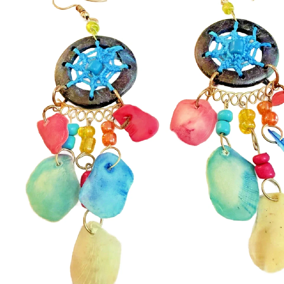Bohemian Handmade Seashell Dream Catcher Dangle Earrings Boho Fishhook
