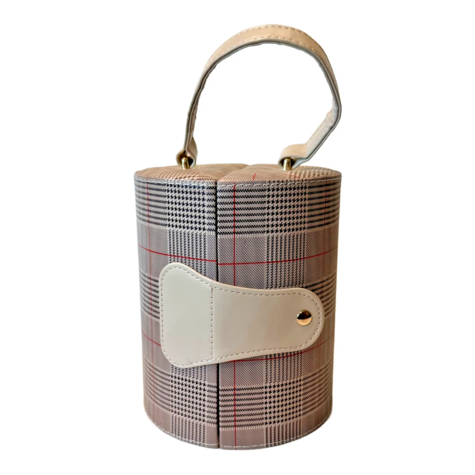 Longjet Travel Jewelry Organizer Portable Roll 3-Tiered Storage Brown Checker
