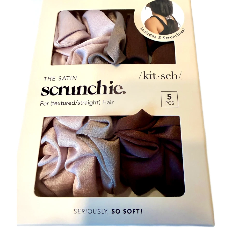 Kit•sch Cameo Satin Sleep Scrunchies 5pc Set Brown Neutral NIB