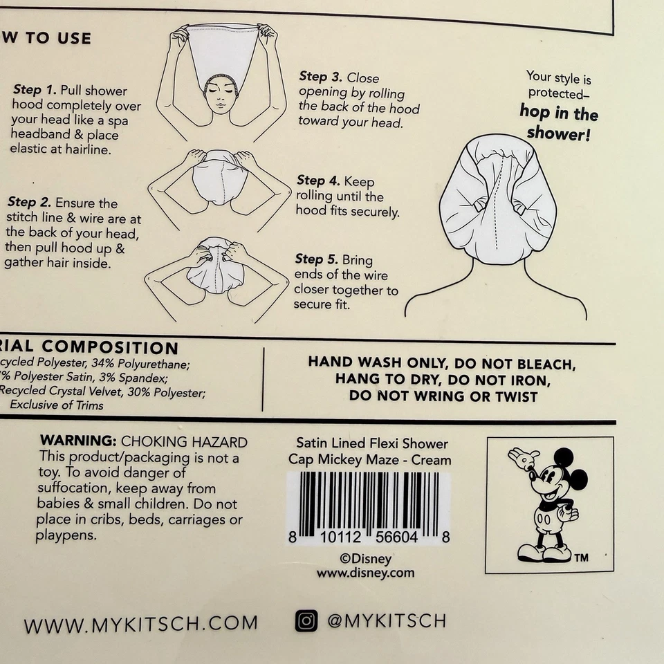 Kit•sch Disney Satin Flexi Luxury Shower Cap Mickey & Minnie Large Reusable New