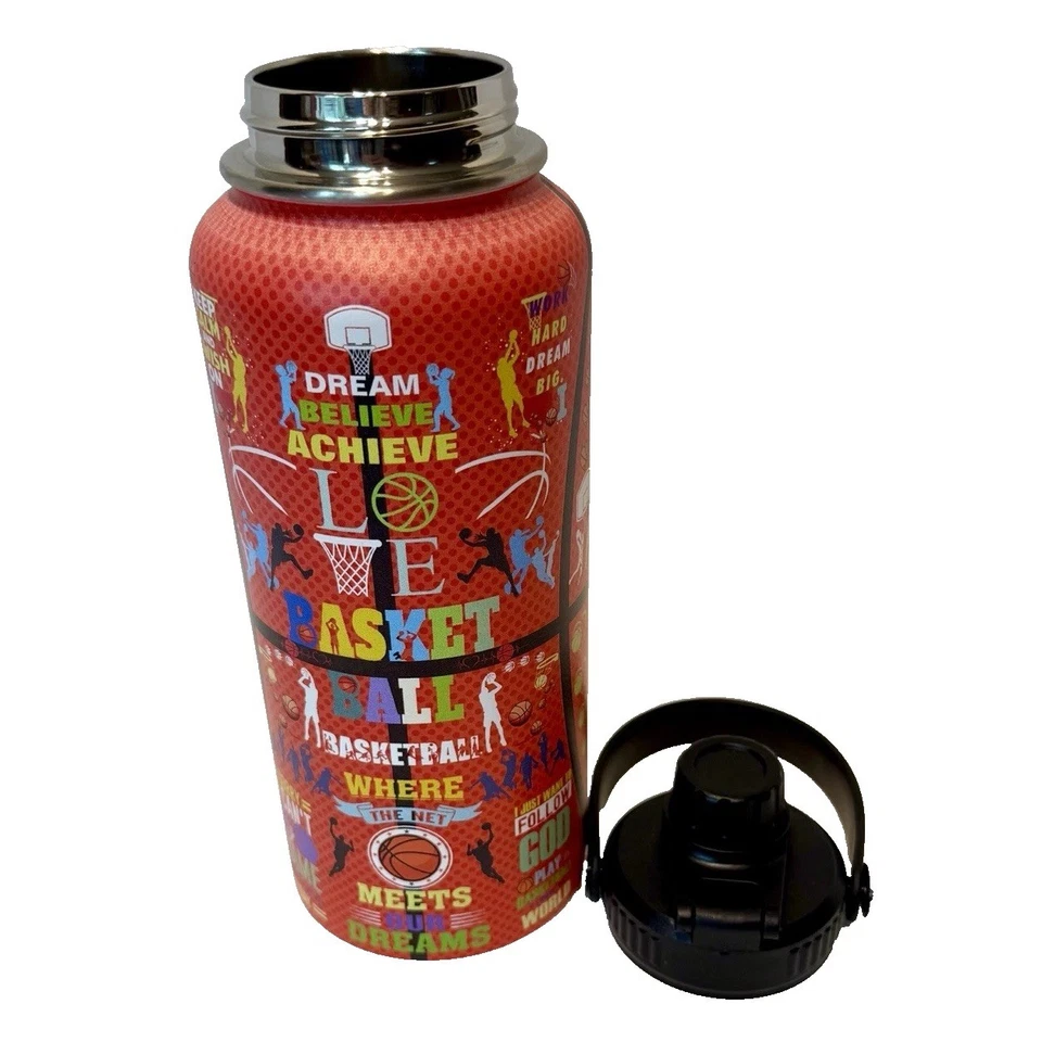 Basketball Sports Water Bottle 32oz, Stainless Steel Insulated Spillproof Lid