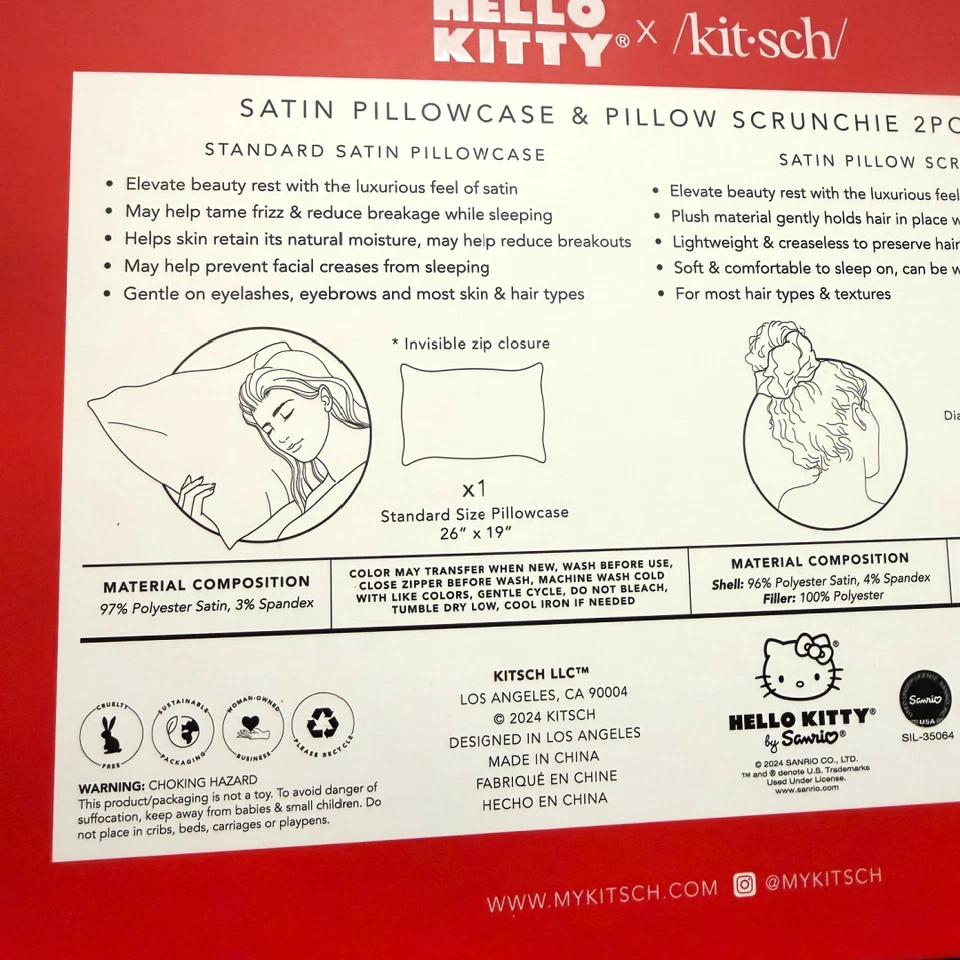 Hello Kitty x Kit•sch Satin Pillowcase & Pillow Scrunchie 2pc Standard/Queen Set