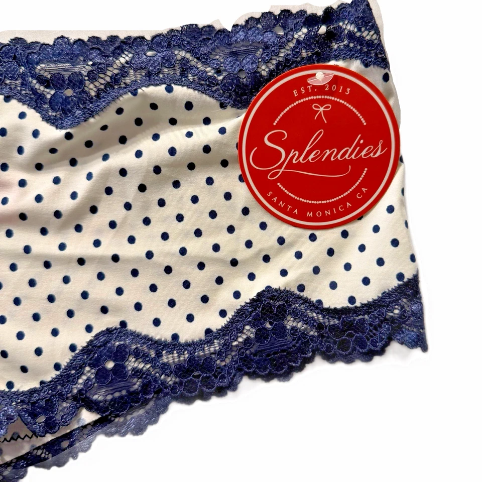 Splendies Cheeky Panties Michelle White w/ Blue Polka Dot & Lace NWT