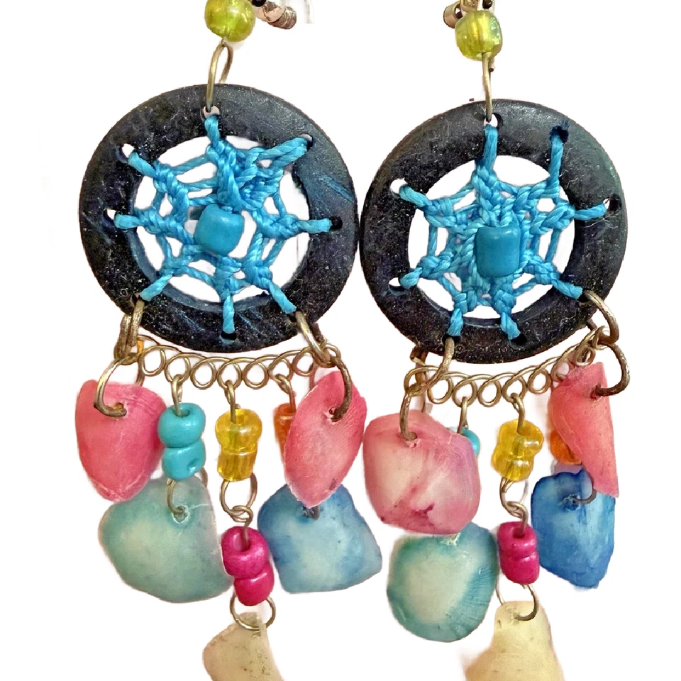 Bohemian Handmade Seashell Dream Catcher Dangle Earrings Boho Fishhook