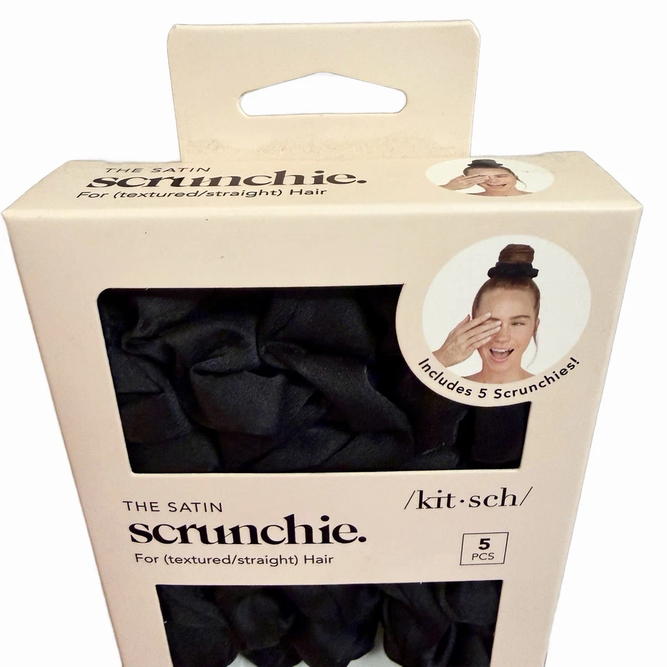 Kitsch Satin Sleep Scrunchies 5pc Set All Black NIB