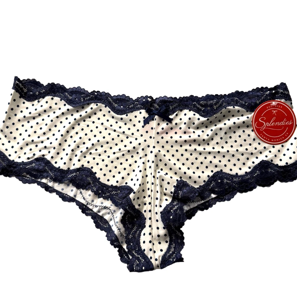 Splendies Cheeky Panties Michelle White w/ Blue Polka Dot & Lace NWT