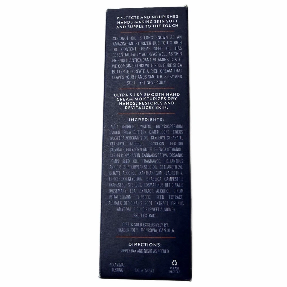 Trader Joe's Ultra Moisturizing Hand Cream Coconut & Hemp Oils Shea Butter 3 oz