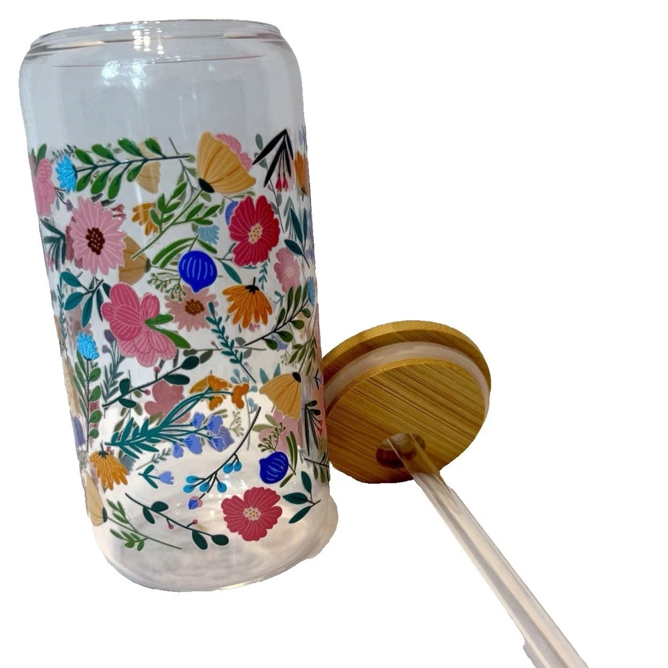 Floral Spring Flower Garden Glass 16 oz Tumber with Bamboo Lid & Matching Straw