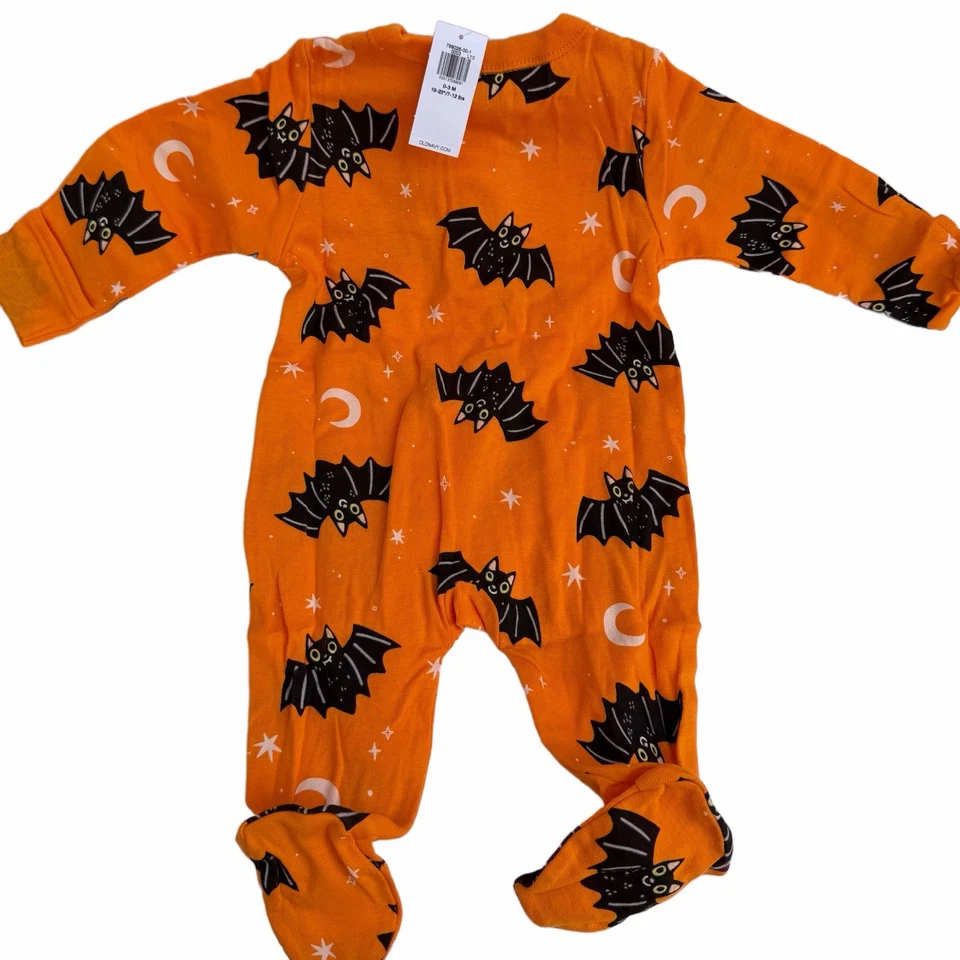 Halloween Baby Zip Sleep & Play PJs Orange Black Bats 0-3 Months Long Sleeve NWT