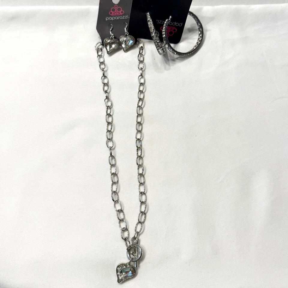 Rhinestone & Silver Gunmetal Lot of Necklace & 2 Pair of Earrings NEW