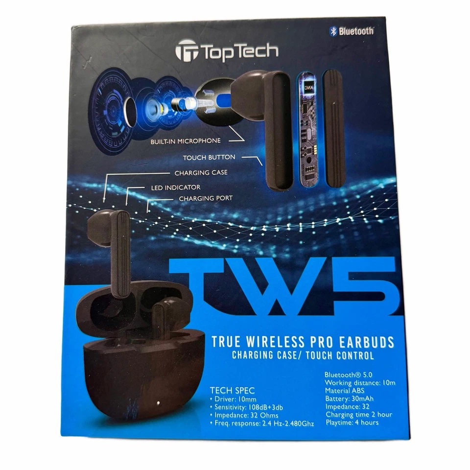 TopTech True Wireless Pro Earbuds Type C Port Hands Free Calling Touch Control
