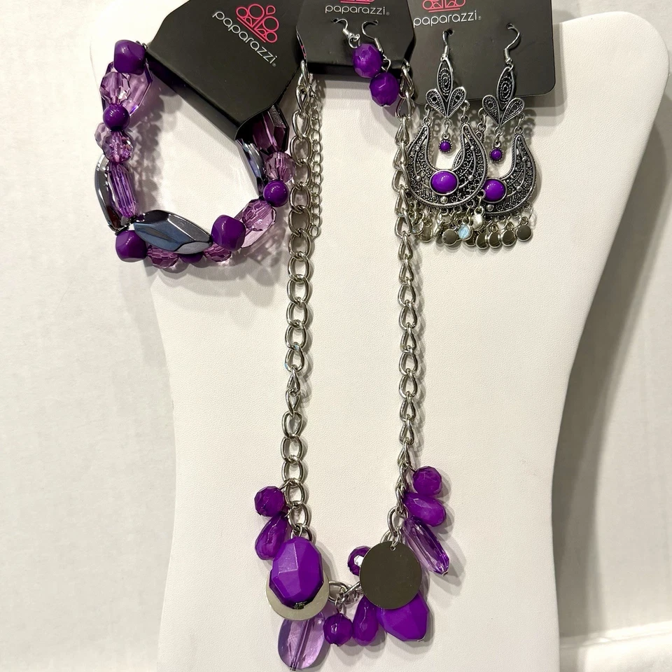 Purple Beaded Mixed Custom Jewelry Lot Necklace 2 Bracelets 2 Earrings NEW