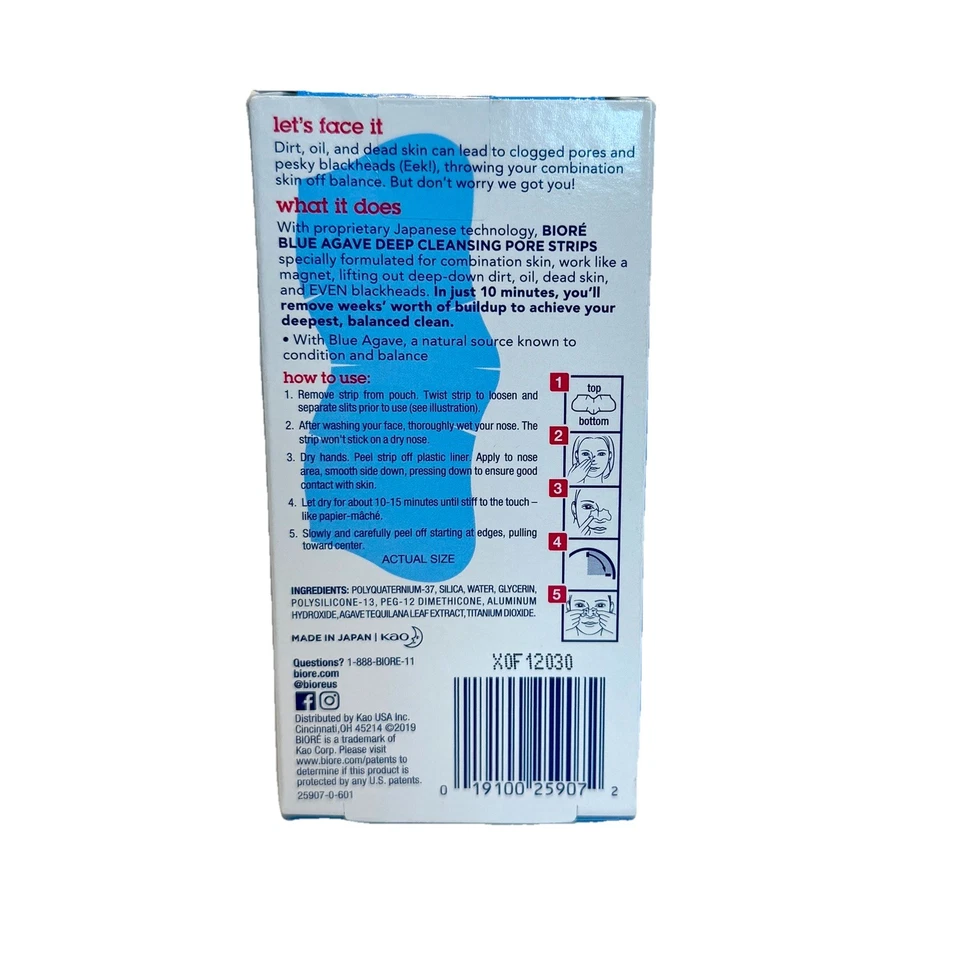 Biore Blue Agave Deep Cleansing Pore Strips Blackheads Dirt 6ct New Sealed Box