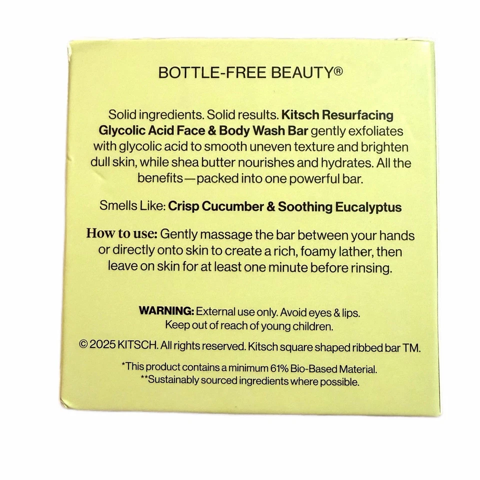 Kitsch Glycolic Acid Resurfacing Face and Body Wash Solid Bar Soap NIB
