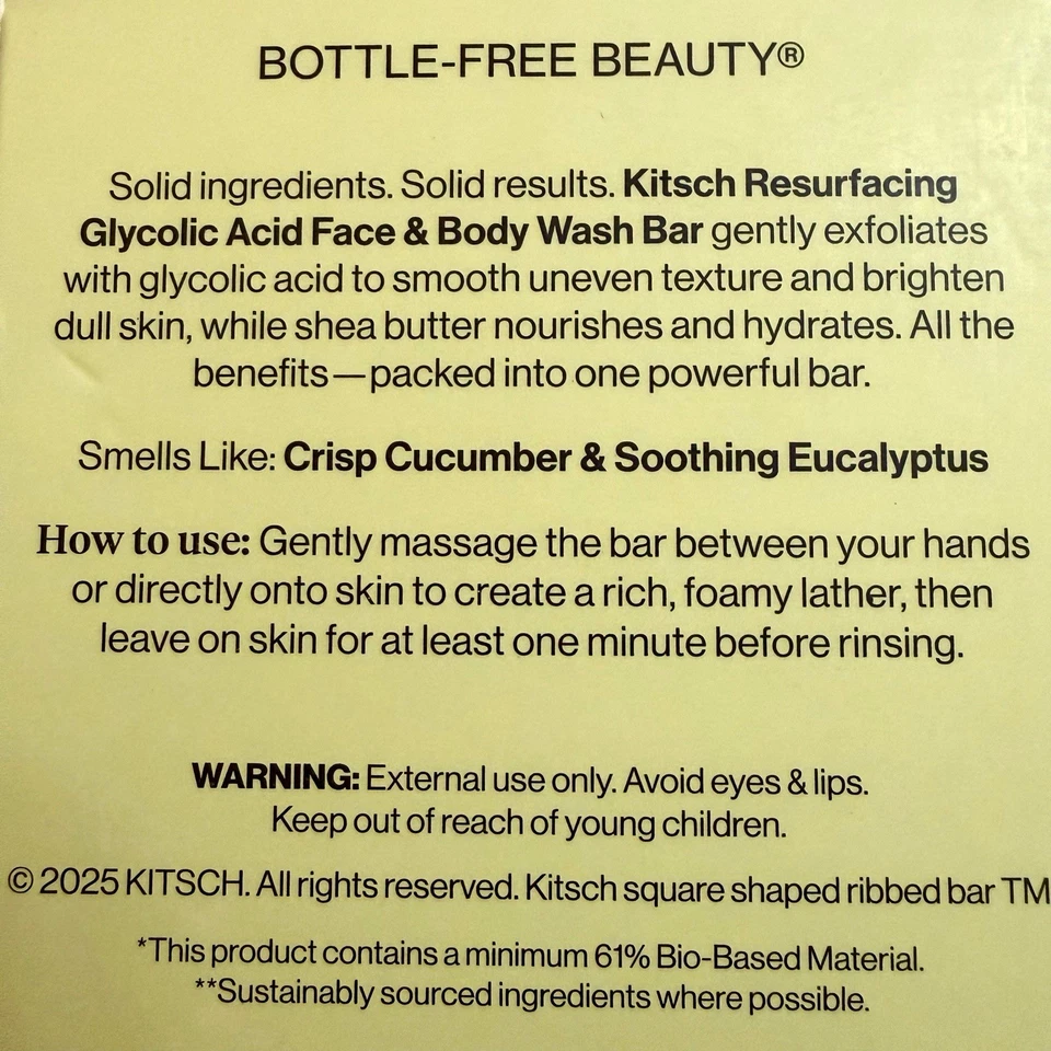 Kitsch Glycolic Acid Resurfacing Face and Body Wash Solid Bar Soap NIB