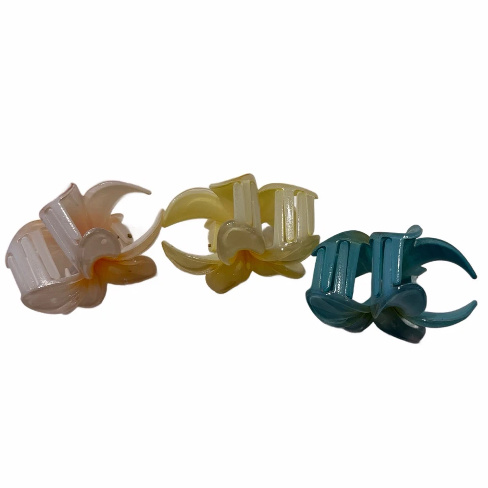3 Pack 3.2" Shark Hair Claw Clips Boho Flowers In Green, Yellow, Cream New Lot