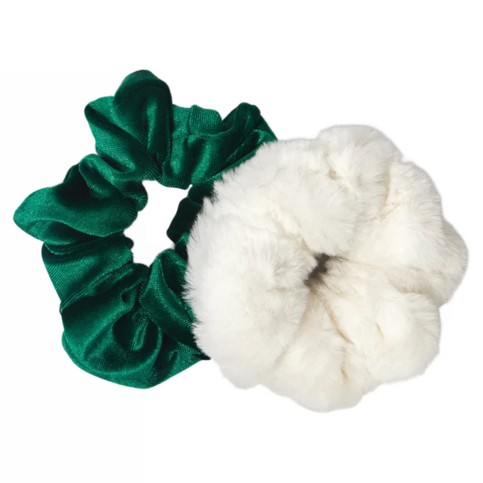 Kit•sch x elf 2pc Hair Scrunchie Set Green Velvet & White Faux Fur NEW