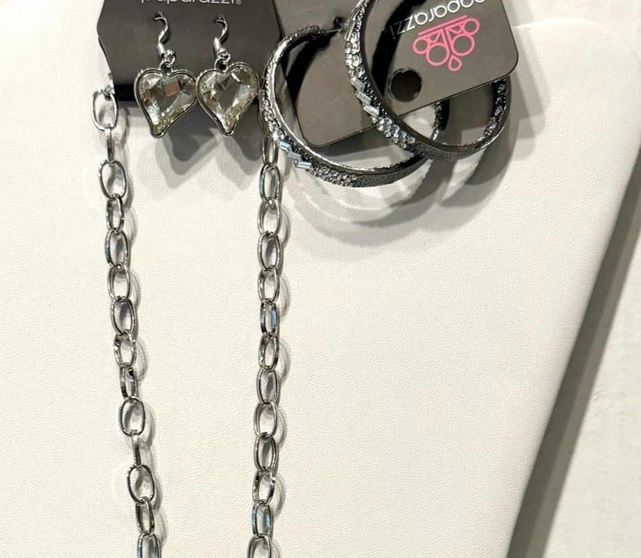 Rhinestone & Silver Gunmetal Lot of Necklace & 2 Pair of Earrings NEW