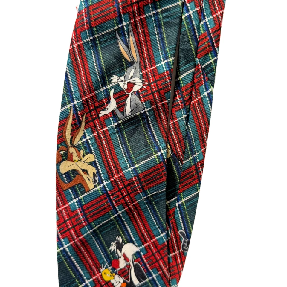 Looney Tunes Mania '94 VTG Mens Tie Plaid Bugs Bunny Tweedy Sylvester Daffy Taz