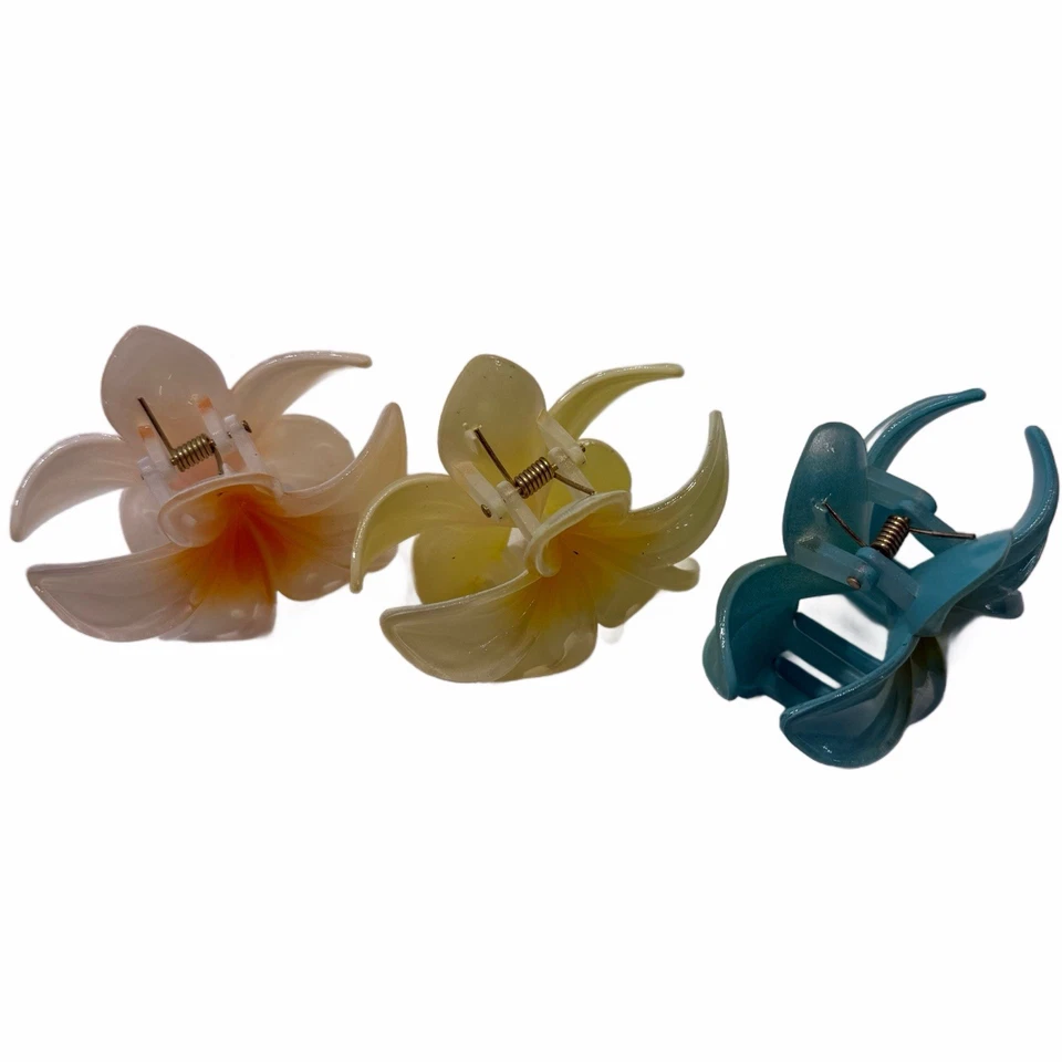 3 Pack 3.2" Shark Hair Claw Clips Boho Flowers In Green, Yellow, Cream New Lot