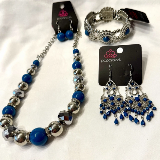 Blue Mixed Custom Jewelry Lot Necklace, Bracelet & 2 Pair of Earrings NEW